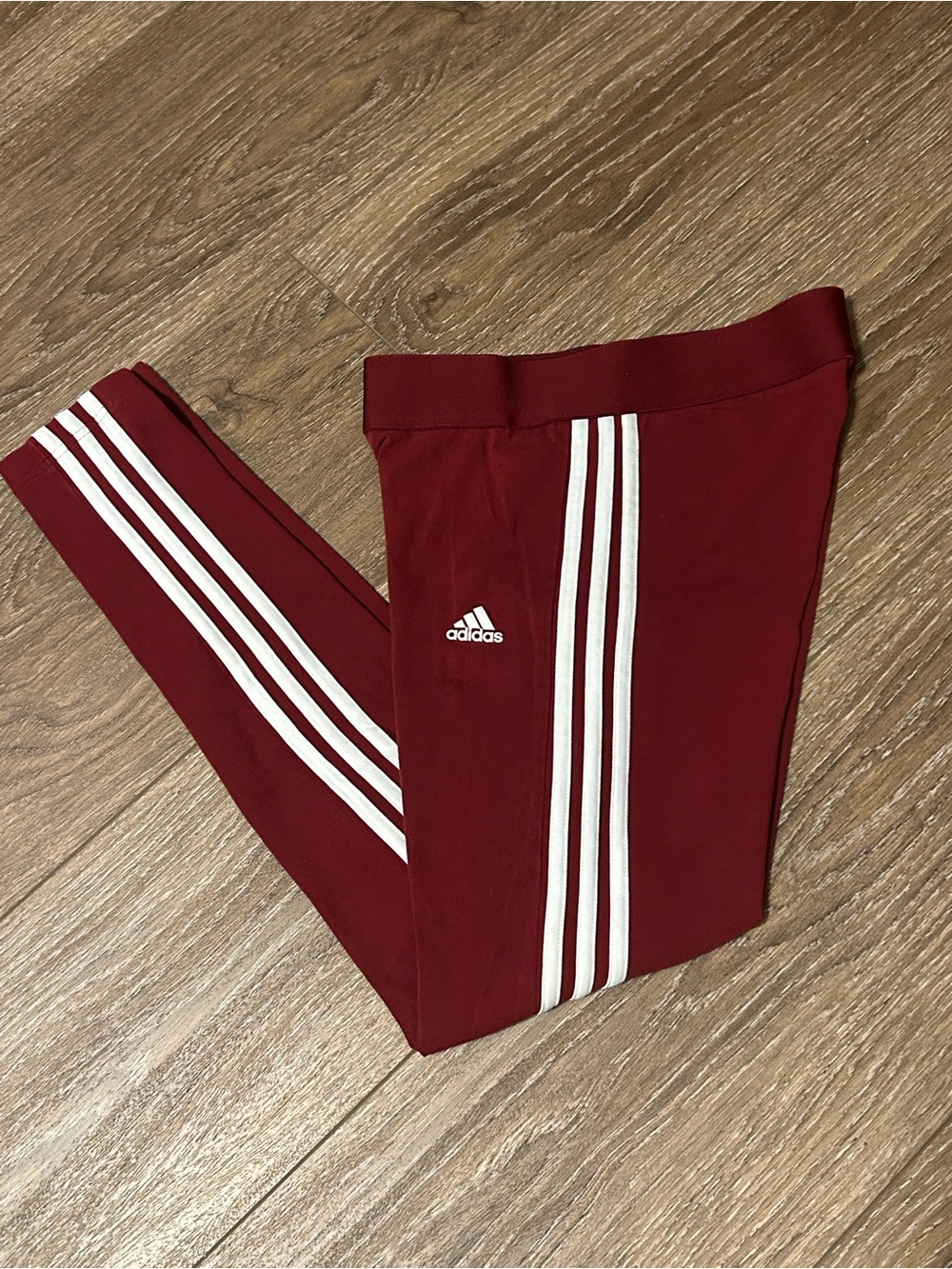 adidas Women’s Burgundy Leggings with White Three-Stripes